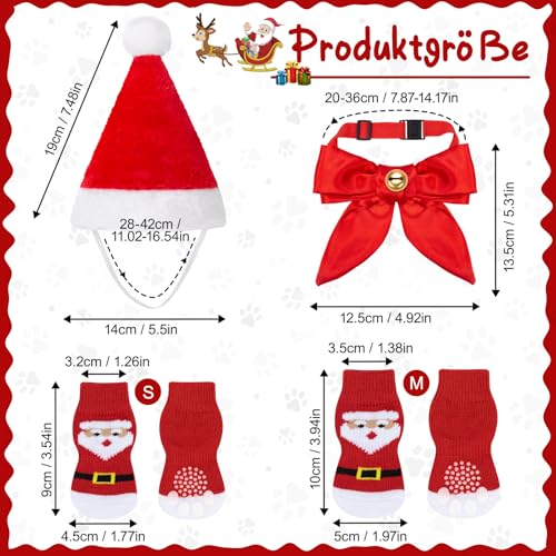 MELLIEX 3 Stück Katzen Hunde Weihnachtskostüm, Hundekostüm Katzenkostüm Weihnachten mit Weihnachtsmützen Verstellbare Rote Fliege Haustiersocken für Katzen und Kleine Hunde