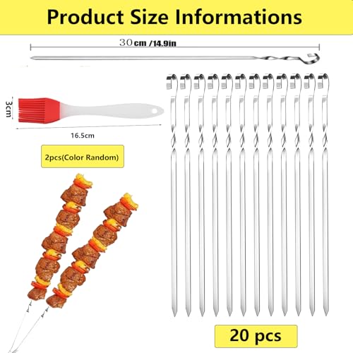 Grillspieße Edelstahl,20 Stück BBQ-Grillspieße aus Rostfreiem + 2 Bürsten,30cm Schaschlikspieße Wiederverwendbare Grill Kabob,grillspieße-aus Rostfreiem für Lagerfeuer Oder Grillschale
