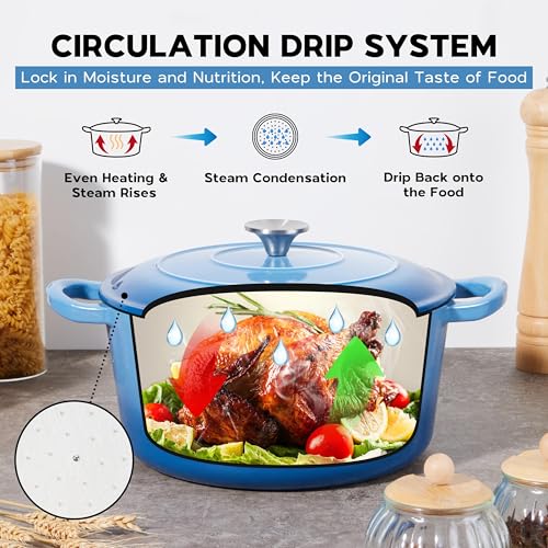Onader 6QT Enameled Cast Iron Dutch Oven Pot with Lid, Round Dutch Oven for Bread Baking, Heavy Duty - Blue
