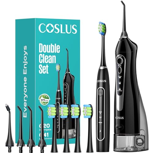 COSLUS Portable Water Flosser with Electric Toothbrush Combo: 2-in-1 Oral Clean Kit for Teeth, Braces, Gums Care - Brushing & Flossing for Adults, Family, Travel Use, BPA-Free, Black, C20 & C41