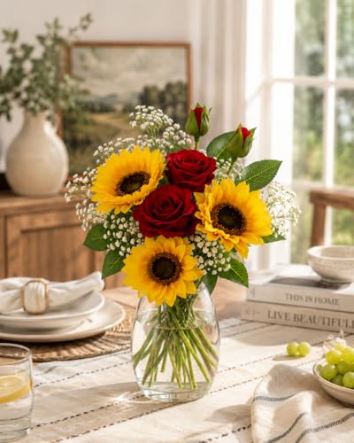 Image of Divyakosh Artificial Flowers for Home Decoration, Flora for Decor | Artificial Flowers for Vase (VASE NOT Included) Decorative Items for Living Room. Sunflower and Red Rose Bunch with Baby Breath |
