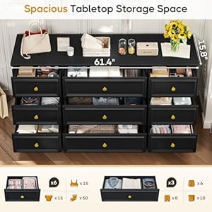 Hasuit Large Dresser with 9 Drawers for Bedroom 614 Long Modern Chest of Drawers Black Wide Dressers Clothes Closet Wooden Bedroom Funiture Storage Organizer