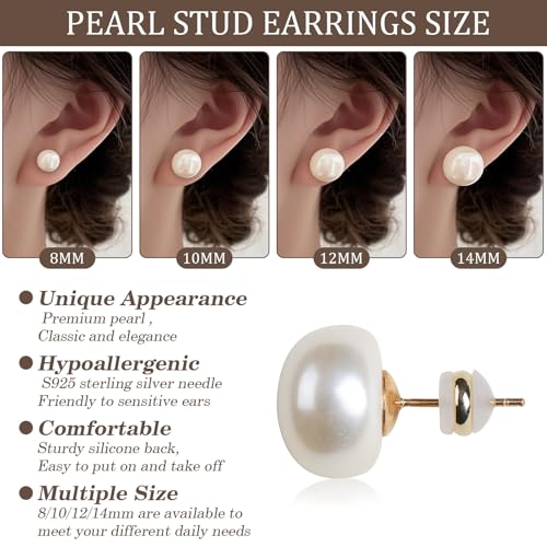 4 Pairs Pearl Stud Earrings 14K Plated Gold Sterling Silver Hypoallergenic Earring stud Flat Round Large size pearl 8mm-14mm Set Earrings for women2