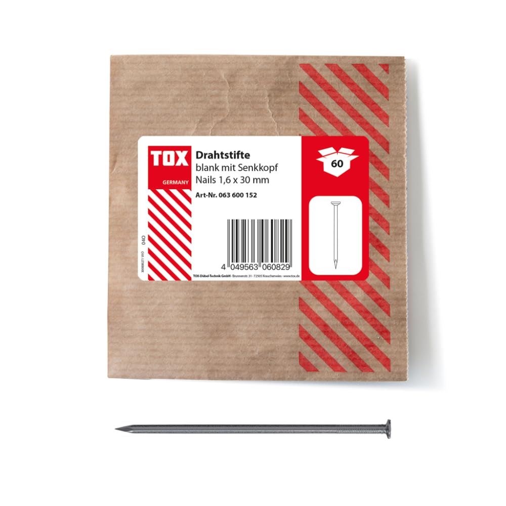 TOX 1.6x30 mm countersunk Head Nails for Simple Joints of Wooden and Flat Surfaces, Bare Steel, 60 pcs. in Lockable and Environmentally Friendly Paper Packaging, 063600152