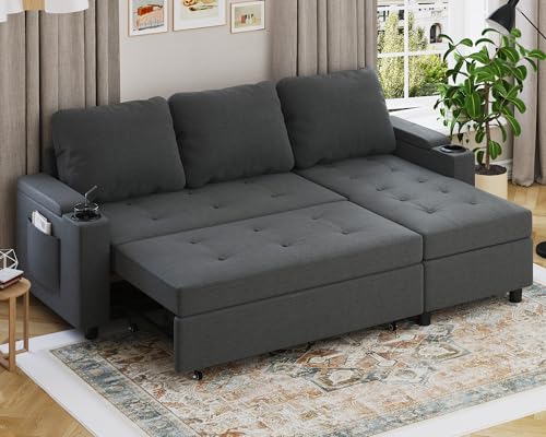 Devoko Sofá Cama Chaise Longue, Sofá de Salón Cheslong de 3 Plazas Convertible en Cama, con Almacenamiento Integrado y Portavasos, Sofá Chaise Longue en Forma de L con Tejido Suave Gris Oscuro
