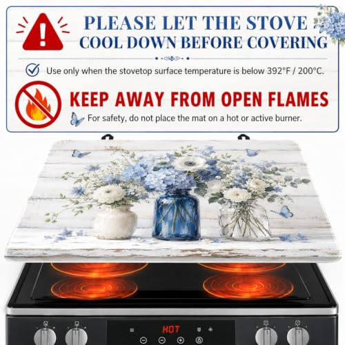 Image of Blue White Floral Stove Top Cover,28x20 Inch,Rubber Glass Cooktop Protector