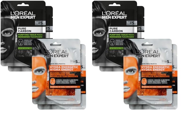 L'Oréal Men Expert Tuchmasken 4er Set für Männer, Feuchtigkeitsspendende Gesichtsmasken gegen Mitesser und Pickel Unreinheiten, Gesichtspflege Geschenkset für Herren, Hydra Energy Pure Carbon, 4 x 30g
