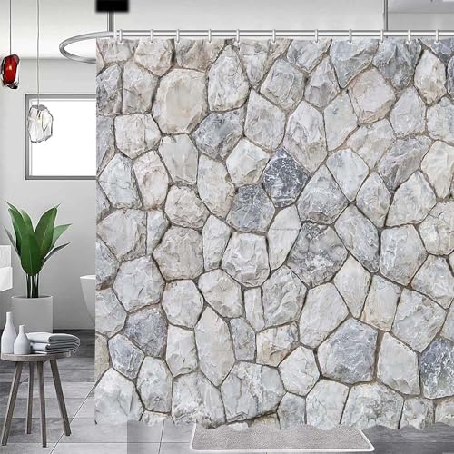 MEHOFOND Retro Brick Wall Shower Curtain - Stone Texture Image - Bathroom Decor with Hooks - Waterproof Washable - 72x72 inch
