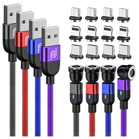 JA Magnetic Charger Cable, Pack of 4, 2x1m,2m & 3m Long, 360°+180° Rotating, Fast Charging, Data Transfer, Visibility LED, Compatible with Micro USB, Type C, i-connector (MultiColored) Cover