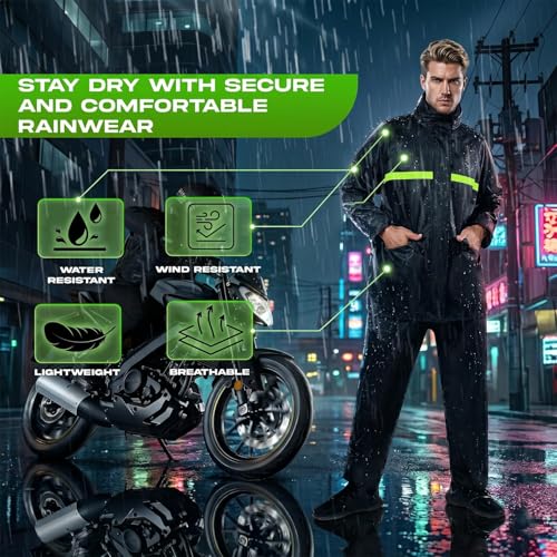 Image of HACER 100% Waterproof Raincoat for Men & Women | Unisex Full Sleeves Rain Suit Set with Pant for Bike Riding, Travel, Camping, Trekking & Hiking Rainwear (XL, Black)