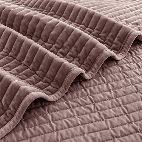 Shalala Velvet Quilt Sets Queen Size,Stripe Quilting Lightweight Comforter Queen Quilt Bedding Set,Cozy Soft Bedding Reversible Bedspread,Luxurious Coverlet For All Season(Mauve,Full/Queen) #TOP3