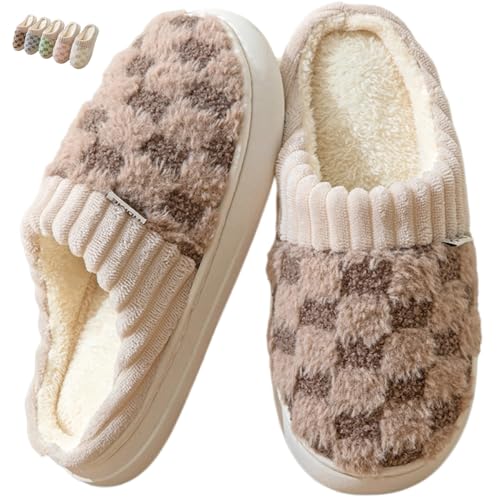 Checkered House Slippers for Women Men Fuzzy Winter Cozy Plush Warm Bedroom Slipper Thickened Sole Plaid Indoor Cotton Home Shoes Slip On