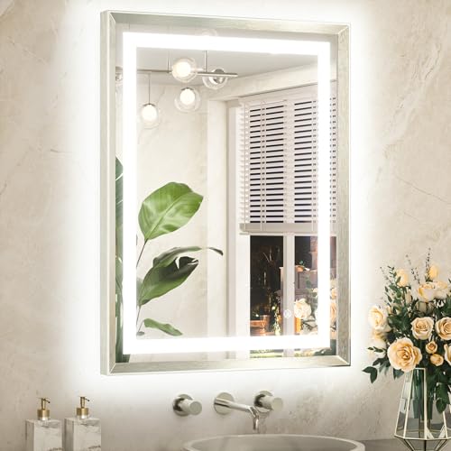 TETOTE 24 x 32 Bathroom LED Mirror Brushed Bright Nickel Metal Frame Frontlit & Backlit Vanity Mirror Anti-Fog Stepless Dimmable 3 Colors White/Warm/Natural Mirror with Lights Wall-Mounted