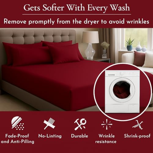 Image of Premium Cotton Bedsheets - King Size 102x108 Inches, Burgundy | Lightweight, Super Soft & Wrinkle-Free | Includes 2 Pillow Covers