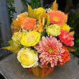 ナチュラルバスケットのフラワーアレンジメント アレンジメントフラワー アレンジメント ギフト 生花 花 プレゼント 手作り フレッシュフラワー 誕生日 結婚記念日 お祝い 開店祝い 還暦 母の日 ペット お供え (イエロー・オレンジ, M)