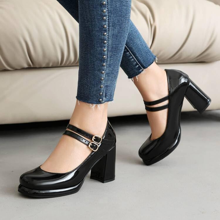 Women Platform Mary Jane Pumps Glossy Patent Square Toe Chunky High Heels with Double Belt Buckles4