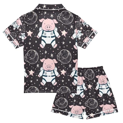 senya Cartoons Astronauts Pigs Satin Summer Pajama Sets Silk Short Sleeve Button Down Sleepwear2
