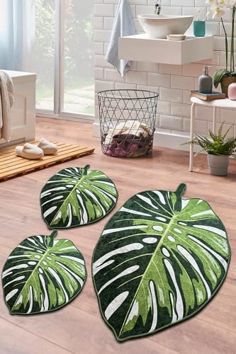 miqna Monstera Muster Grün Badezimmermatte – 3 Teileg Set, rutschfest...