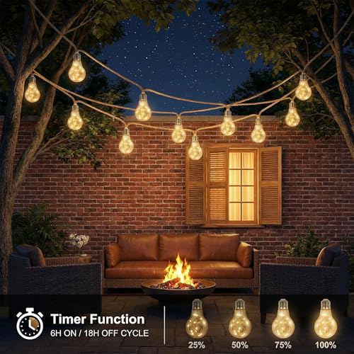 AebeChun Lichterkette Glühbirnen Außen, 7M 20LED Vintage Lichterkette Aussen Strom, Lichterkette Outdoor mit Hanfseil, Wasserdicht 8 Modi Timer für Gärten Balkon Party Hochzeit Deko (Warmweiß)