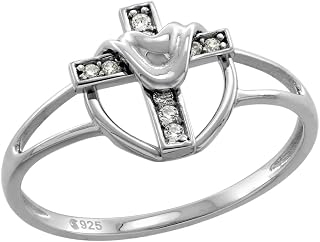Dainty Sterling Silver Resurrection Cross Ring for Women Cubic Zirconia Accent 3/8 inch wide Rhodium Finish size 6-9