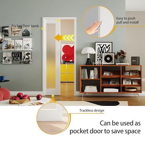 Image of Pocket Door 30 inch x 80 inch, 1-Lite Frosted Glass Pantry Door Panel with Frame and Hardware Kit Set Plus Door Jamb, Single Interior & Closet Door Slab for Sliding Door, No Panel Assembly Required