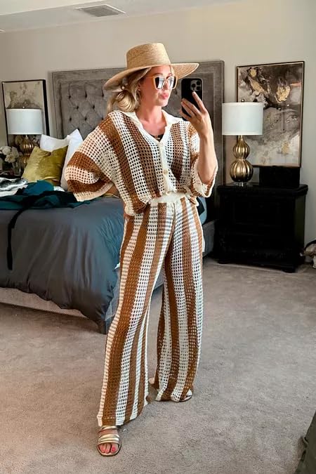 NIFTRIRY Women Cover Up Sets Button Up Tops with Pants Crochet Set Outfit 2 Piece Outfits Vacation Outfits4