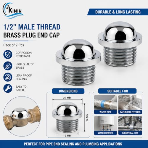 Image of Kinik 1 /2 Inch Brass Plug Male Chrome Plated Pipe Fitting End Cap Connector Leak Proof Durable Corrosion Resistant Plumbing Plug for Bathroom Kitchen Water Line Pack of 2 Heavy Duty Premium Quality
