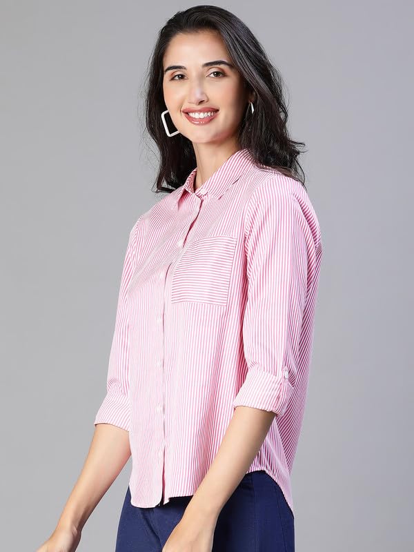 Image of Oxolloxo Women Stripe Print Soild Pink Collared Cotton Shirt