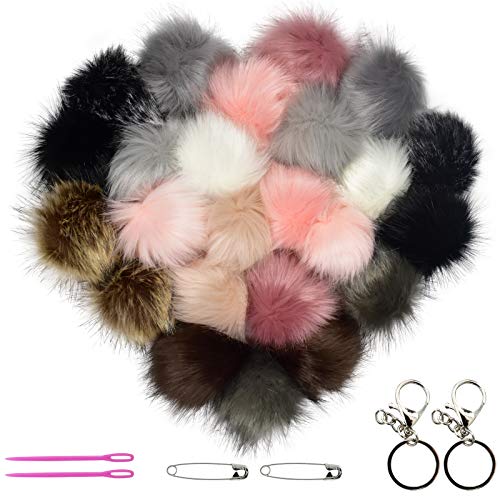 24pcs 4 Inch Faux Fur Pom Poms for Hats,DIY Knitting Hat Pompoms with Elastic Loop- 12 Colors Fluffy Pompoms Removable Crochet Crafts for Shoes Keychains Charms Scarves Bags Accessories