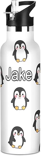 Botella de agua personalizada para niños con popote de 20 onzas, botella de agua personalizada para niños de acero inoxidable para viajes o escuela,