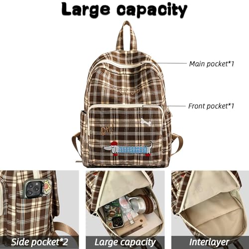 Teclado Kawaii Backpack Brown Plaid Cute Casual Bookbags Travel Daypacks (White)4