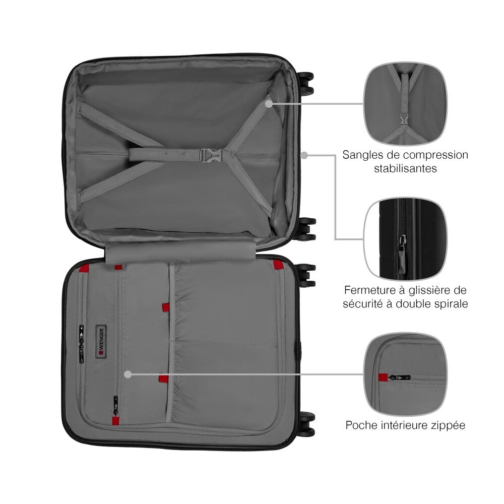 WENGER Syntry Bagage Cabine à roulettes, Ordinateur Portable 14 Pouces, Tablette Tactile 10 Pouces, 36 (44) l, Rigide, Femmes Hommes, Voyages d’Affaires Vacances, Noir/Gris Chiné, 610163