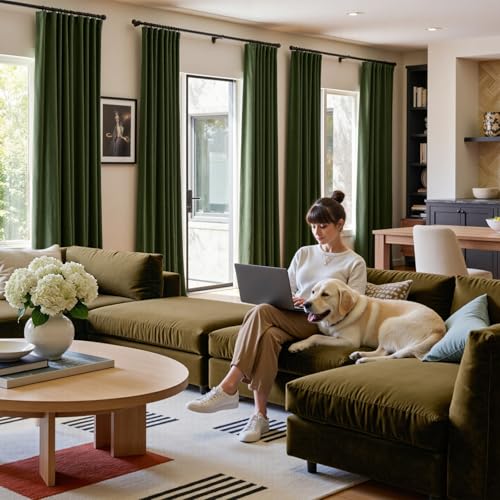 Image of Extra Long Moss Earthy Curtains Luxury Back Tab 52x108 Inch 2 Panels | Soft Velvet, Blackout, Lined, For Tall Windows & High Ceilings, Light Shifting Texture, Elegant Drape, Calm