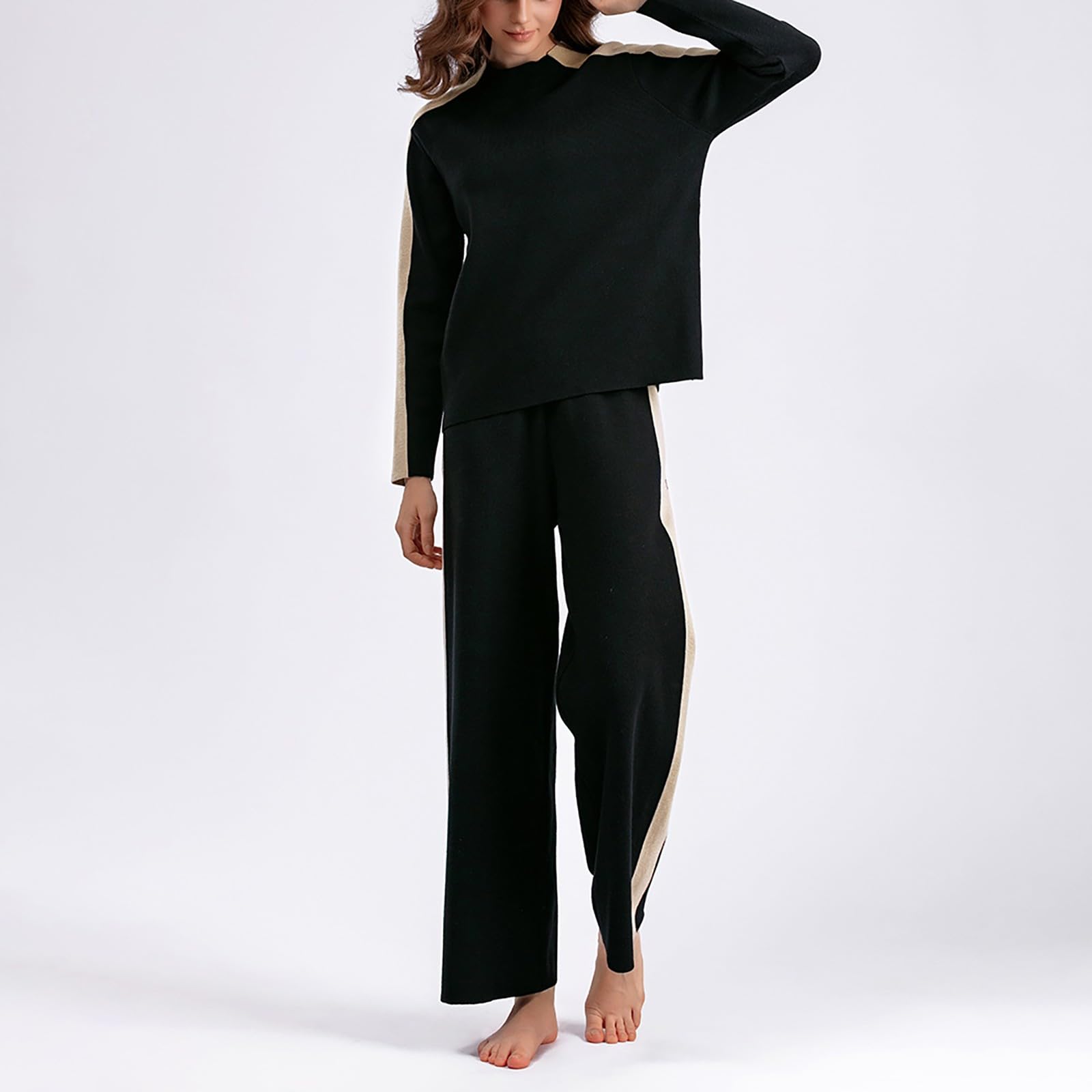 Suéter de punto de manga larga con cuello redondo para mujer, para otoño e invierno, color liso, pantalones de pierna ancha, versión holgada, ropa casual para el hogar, conjunto de pijama de algodón
