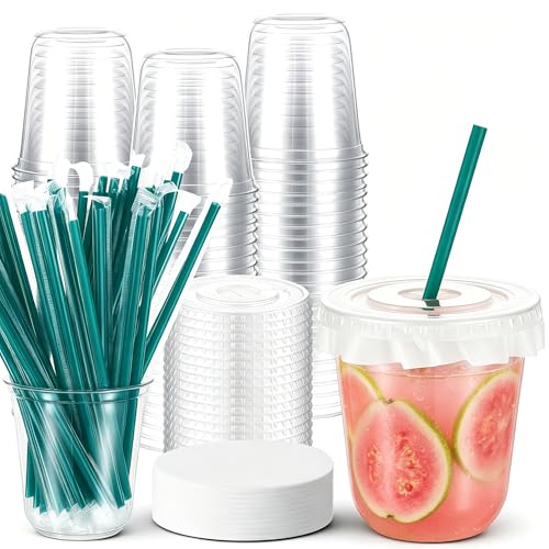 50 Sets Clear Plastic Cups with Lids, Straws, and Paper Cap Liners - image 1