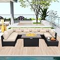 Rattaner 10 Pieces Outdoor Sectional All-Weather Wicker Patio Furniture Set Patio Sectional and Steel Fire Table and Glass Patio Table Non-Slip Cushions and Waterproof Covers, Khaki