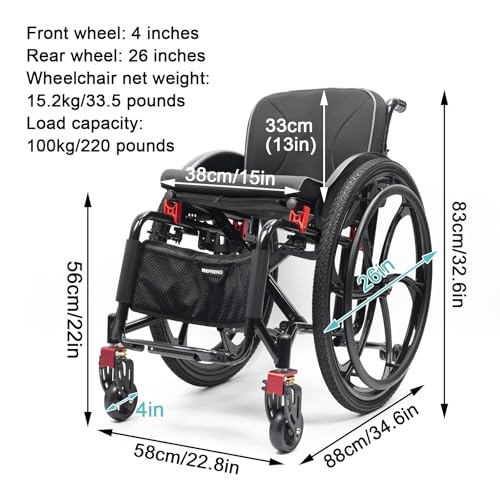 Sedia a rotelle pieghevole ultra leggera 33.5lbs, sedia portatile di trasporto in alluminio per il viaggio in aereo, 26in ruote staccabili e doppio freno, sedia manuale semovente per il tempo libero a