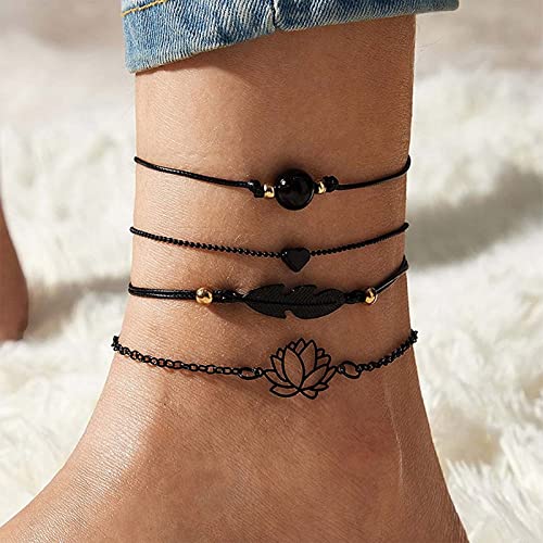 Individual Name Bracelet 4Pcs Anklet Bracelet For Women Black Leaf Bead Braided Cord Anklet Dainty Hollow Heart Ankle Chain Beach Foot Jewelry For Women Teen Girls (Black, One Size) #TOP1