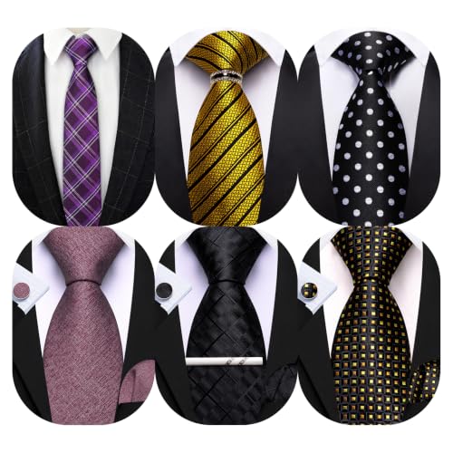 Image of Barry.Wang Men 6PCS Tie Silk Gift Necktie Clip Woven Tie Sets Party