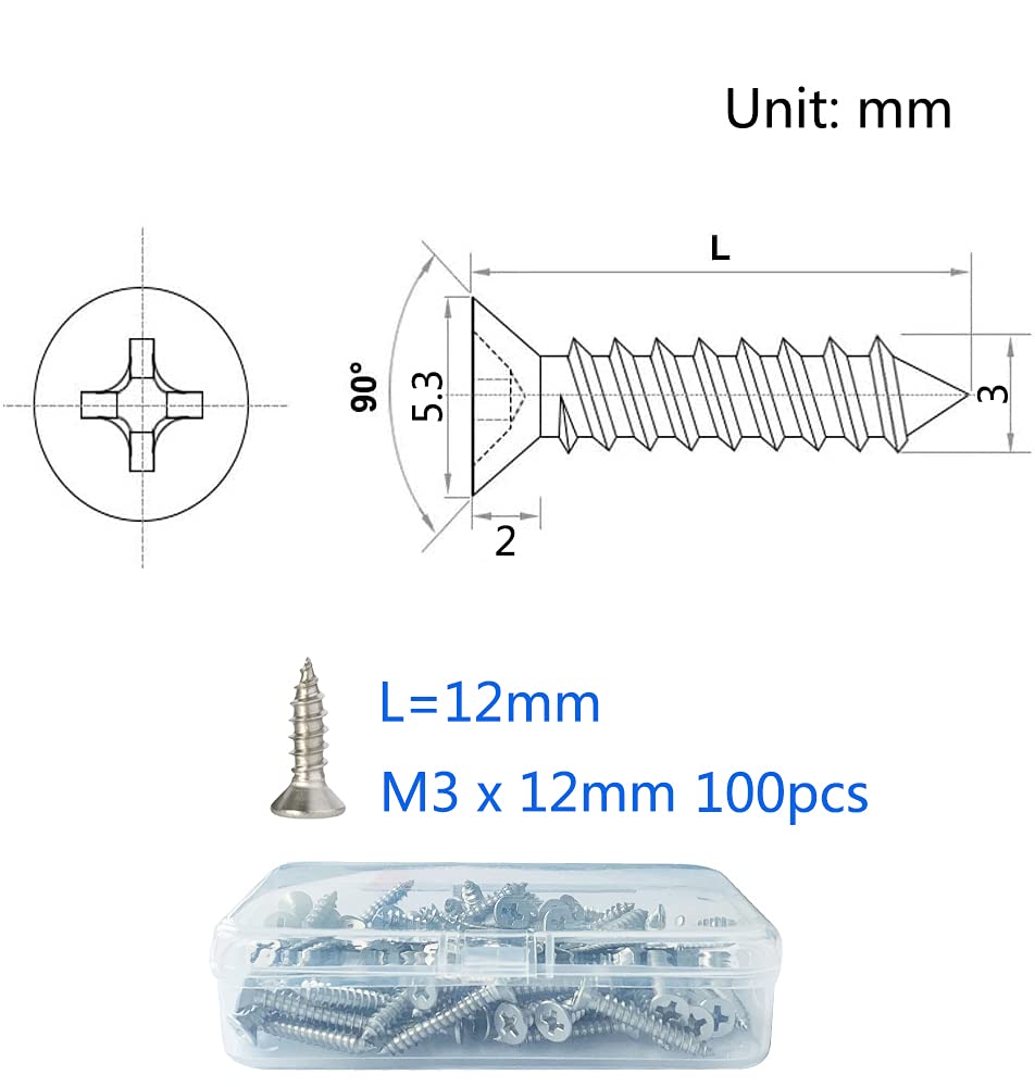 M3 Stainless Steel Self Tapping Screws,100pcs M3x12mm Phillips Flat Head Wood Srews DIY Woodworking Screws with Box (M3 X 12 100 PCS) - Image 3