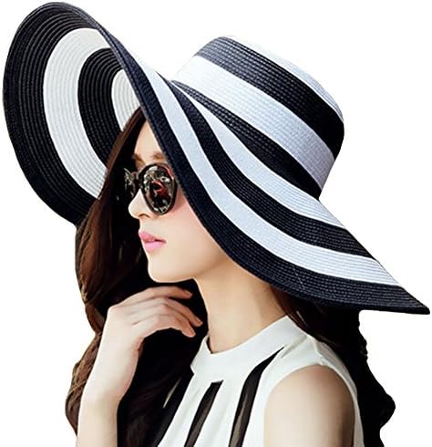Itopfox Womens Beachwear Sun Hat Striped Straw Hat Floppy Big Brim Hat Black,One Size(22inch-22.8inch Circumference)