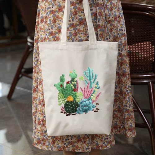 Image of KABAKE Canvas Tote Bag Embroidery Kit for Beginners, Arts and DIY Crafts Starter Kit, Includes Stamped Bag, Threads, Tools (Beige With Cactus)