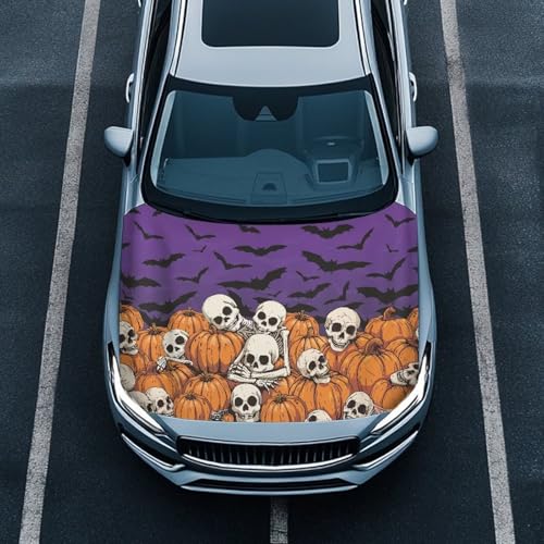 Image of Bat Skeleton Car Hood Cover All Weather Protection Automotive Exterior Accessories Universal Fit Hood Covers for Cars, Trucks, SUV, or Van Full Coverage Halloween Decor