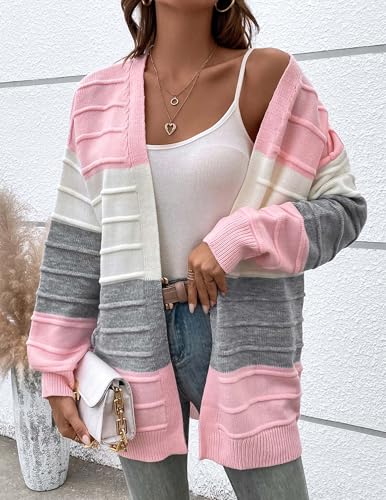Womens Oversized Cute Color Block Striped Long Cardigan Spring Trendy Chunky Ribbed Knit Open Front Sweater 20254