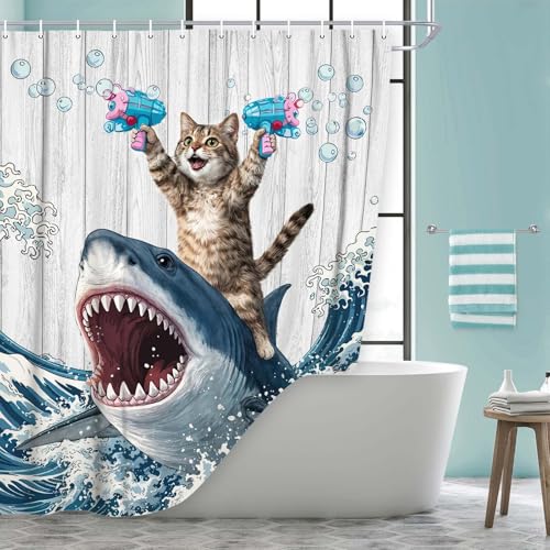 Image of Funny Cat Shower Curtain, Fun Cat Riding Hilarious Shark Surfing Ocean Waves Shower Curtains for Bathroom Whale Cool Blue Bath Curtain Waterproof Fabric with 12 Hooks 72x72 Inch