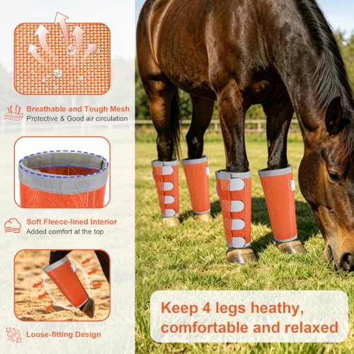 Image of Reflective Horse Fly Boots Set of 4, Loose Fitting Leggings for Horses, Equine Fly Leg Wraps Socks for 4 Legs, Breathable Adjustable and Universal Fit, Reliable Stay Put and on (Orange)