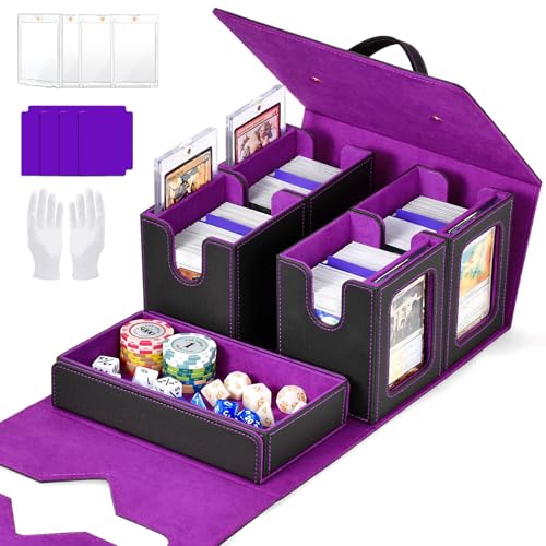 Commander Deck Box for MTG Trading Card Storage Box Holds 400+ Double-Sleeved Cards 5 IN 1 Removable Card Case with Dice Tray Display Window with Magnetic Card Holders for TCG/CCG (Black Purple)