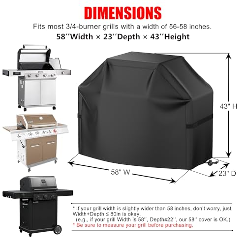 Grill Cover, 58 inch BBQ Gas Grill Cover for Outdoor Grill, Waterproof, Anti-UV, Rip-Proof, Fade Resistant Material, Barbecue Cover with Hook-and-Loop Straps & Adjustable Hem Drawstring, Black