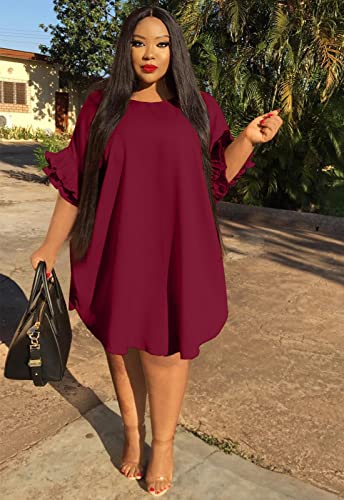 Image of Ekaliy Women's Casual Vintage Ruffle Sleeve Loose Party Midi Plus Size Dress Casual Summer