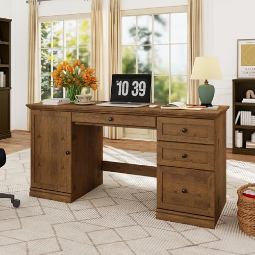 blini Large Farmhouse Executive Desk with Drawers，Wood Computer Desk，Embossed Texture Home Office Desk with File Cabinet Storage, Cable Management, Keyboard Tray，Working Table for Work Study Writing